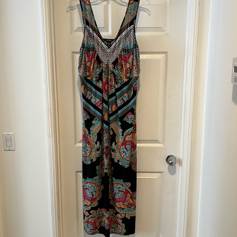 Style & Co. Black, Blue & Orange Maxi Sundress with a Bedazzled Jeweled Neckline